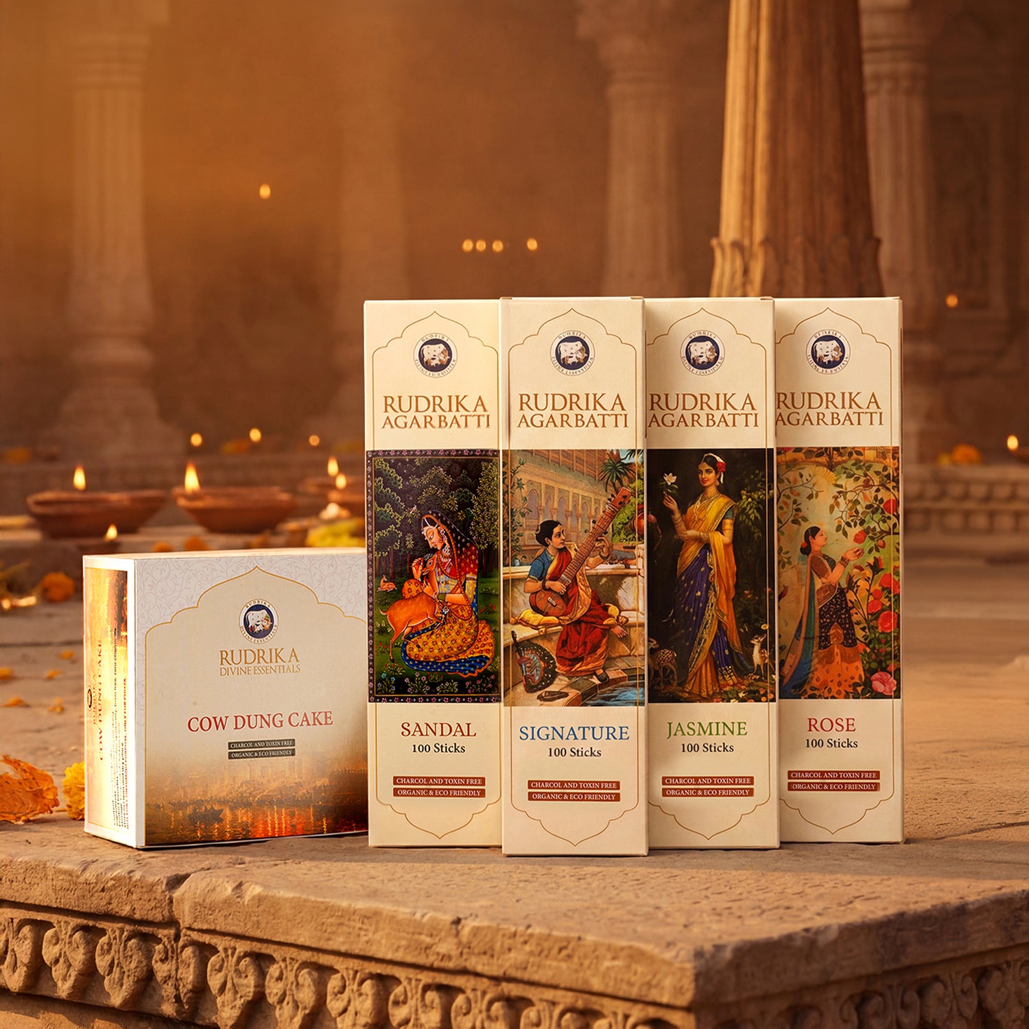 Rudrika Divine 5-in-1 Pooja Pack | Buy 4 Agarbatti and Get 1 Cow Dung Cake